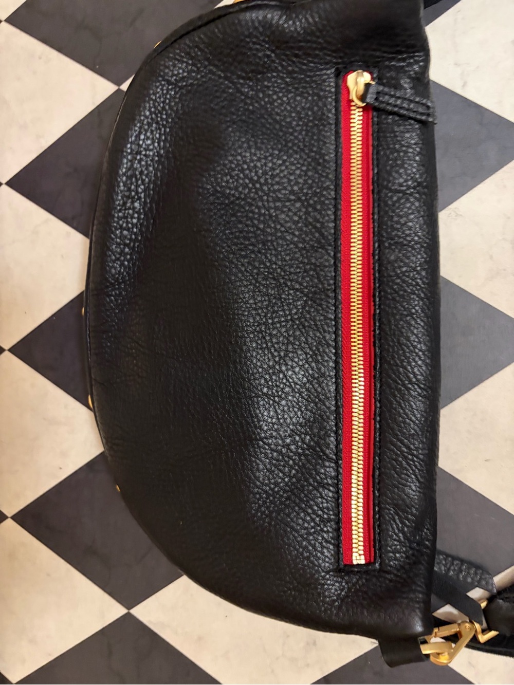 Hammitt Charles Lrg Black/Brushed Gold Leather Crossbody Belt Bag with Red-Trim - Picture 11 of 12